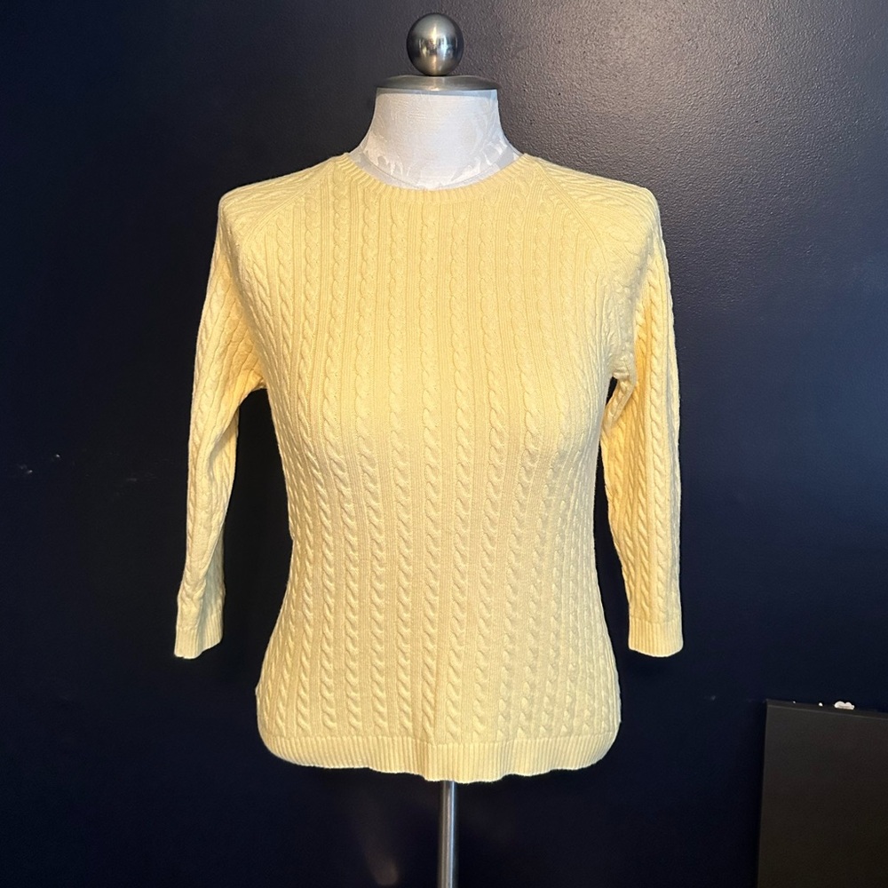 GAP Yellow Cable Knit Sweater Medium 3/4 Sleeve Crewneck Lightweight Cotton
